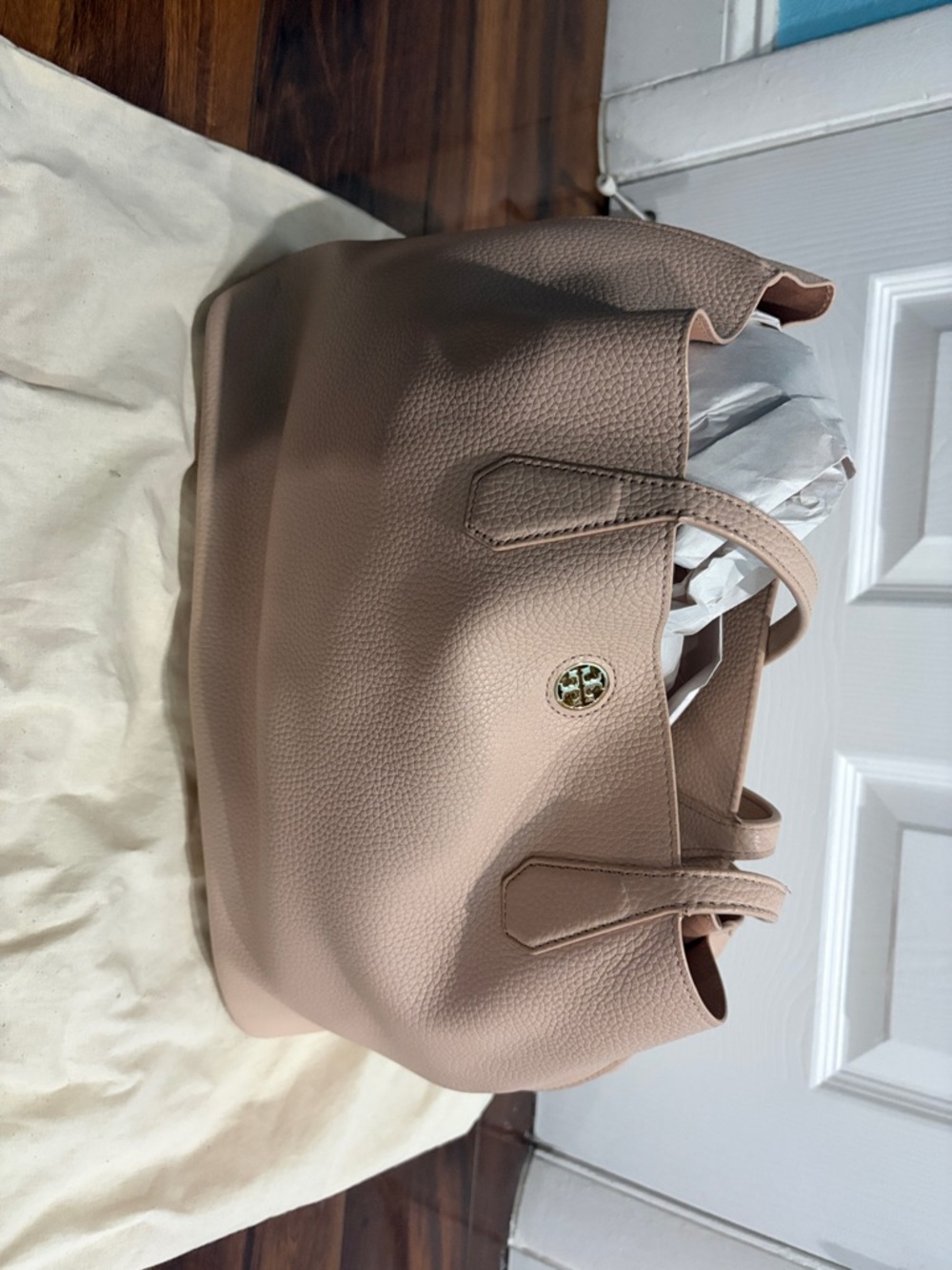 Tory Burch Blush Pebbled Leather Tote with Logo Medallion